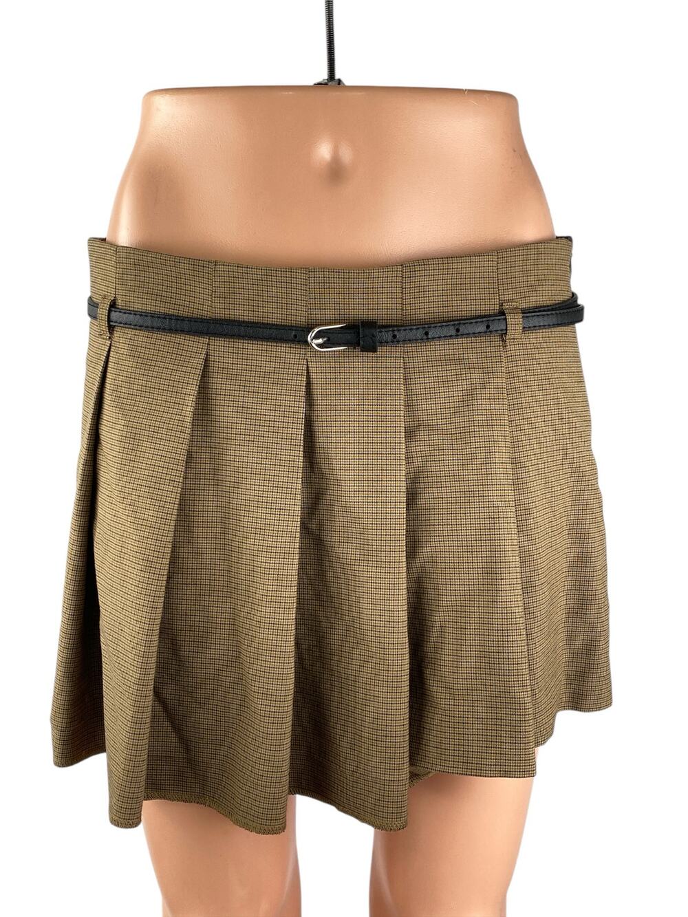 Zara Women's Tan Belted Pleated Plaid Tartan A Line Mini Skirt Skort Shorts M